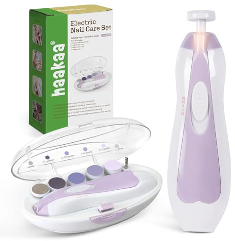 haakaa Baby nageltrimmer elektrisk baby nagelfilsats med LED-ljus, baby nagelklippare för nyfödda/spädbarn/vuxna tånaglar och fingernaglar, 6 ersättningshuvuden och förvaringsfodral, lavendel