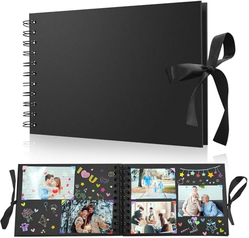 Album Fotografico Personalizzabile, Album Foto Piccolo 10x15 Fai da Te Spirale, 60 Pagine Nere Scrapbook con Copertina Rigida Carta, Scrapbooking per Anniversario di Matrimonio Nozze Valentino, Nero