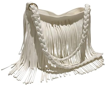 Sac à main à franges, sac à bandoulière en daim avec sangle tressée, blanc, style bohème