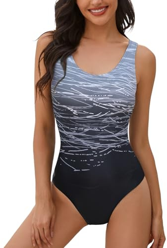 heekpek Einteiliger Badeanzug Damen Sport Weste Gradient Badeanzug Bauchweg Hoher Taille Slim Fit Bademode Swimsuit