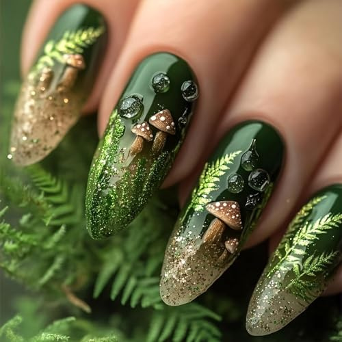 Kabwea Grüner Glitzer-Press-on-Nägel, mittelgroße mandelförmige Kunstnägel mit Pilz und Blatt，Press on Nails, Nägel zum Aufkleben