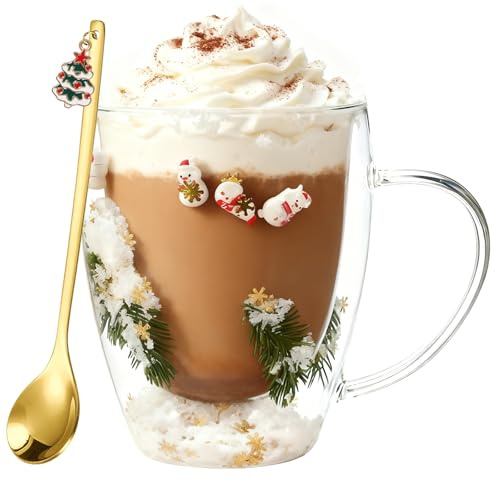 Qunkun Weihnachtsglastasse, 350 ml Kreativ Klar Gläser, Glasbecher mit Muster, Doppelwandige Gläser, Weihnachten Party, Kreative Weihnachtsgeschenke für Kinder (Schneemann)