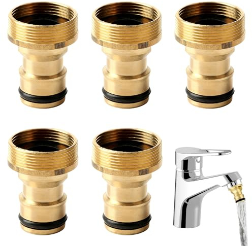 5 Stück Wasserhahn Adapter Set, 1/2 Zoll 3/4 Zoll Schlauchanschluss Adapters, 2-in-1 Messing Wasseranschluss Adapter Schlauchanschlüsse, Wasserhahnadapter für Gartenschlauch Wasserhahnanschluss