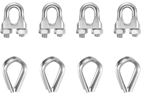 sourcing map Juego de 4 abrazaderas de clip de cable de cuerda de alambre de 1/2 pulgada M12 pequeñas de acero inoxidable 304 con dedal para aparejo seguro, tendedero de cerca, color plateado