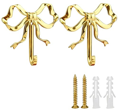 elook 2pcs Bow Knot Wall Hooks | Gold Bow Knot Coat Hooks Decorative Bows Wall Hook Cute Butterfly Door Hangers for Hanging Coat Key Hat Towels Bags Umbrella