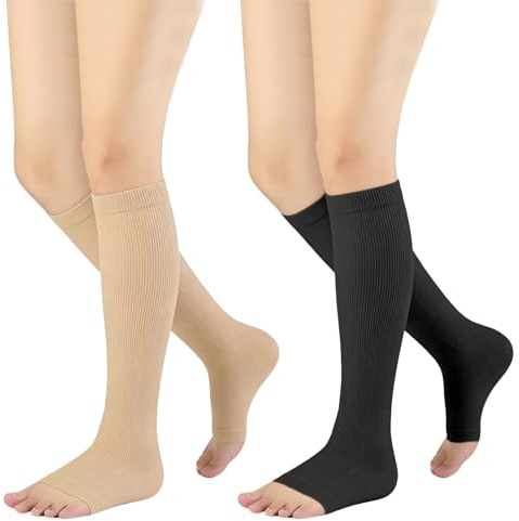 ELNX 2 pares de calcetines de compresión abiertos, calcetines sin punta para mujeres y hombres, soporte de pantorrilla, deporte, viaje, trabajo (L-XL, Negro + Nude)