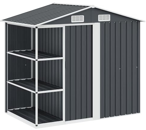 Gecheer Casetta da giardino, struttura in ferro con scaffali, modello 205x130x183 cm antracite, spazio di archiviazione per attrezzi, ideale per organizzare giardino e attrezzature