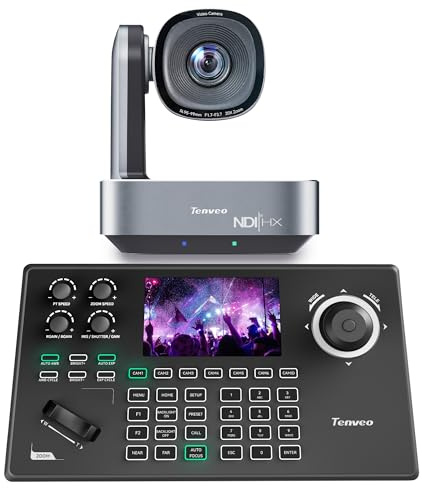 Tenveo 4K PTZ Camera and Controller Bundle/Kits - 20X AI Tracking HDMI/USB3.0/LAN(PoE) 4K NDI PTZ Camera and 5'' LCD Screen NDI Joystick Controller for Church Service Events Live Streaming