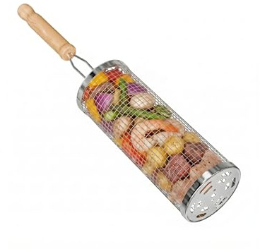 Amig - Panier Rond pour Barbecue - 8 x 20 cm - Poignée en Bois - Grille en Acier Inoxydable - Panier Rotatif pour Barbecues dans Le Jardin ou Le Camping - Support Stable - Mod. AM28