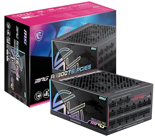 MSI MPG Ai1300TS PCIE5, Fully Modular Gaming 1300W Power Supply, 80+ Titanium, Dual 12V-2x6 Cables, GPU Safeguard+, SiC MOSFETs, Fan Safeguard, ATX 3.1 & PCIe 5.1 Ready,12 Year Warranty