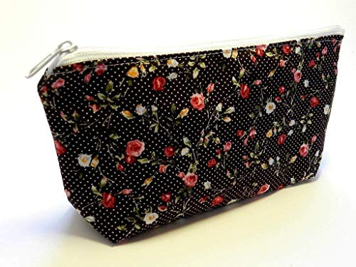 Stiftmäppchen aus Stoff waschbar - auch für Kabel/Schminke/Make-Up/Kosmetik - Mäppchen/Tasche/Etui für Stifte/Kabeltasche - ROSEN AUF BRAUN -
