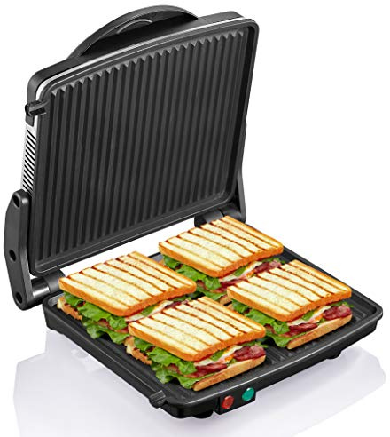 Panini Press Grill, Yabano Gourmet Sandwich Maker Non-Stick Coated Plates 11 x 9.8, Opens 180 Degrees to Fit Any Type or Size of Food, Stainless Steel Surface and Removable Drip Tray, 4 Slice