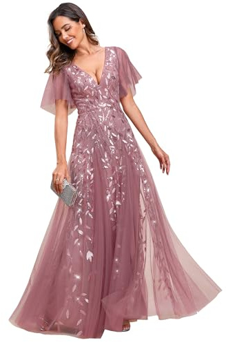 Ever-Pretty Robe de soirée élégante en tulle à manches courtes et décolleté en V - 00734
