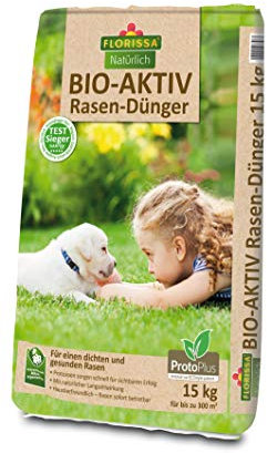 Florissa Natürlich Engrais bio actif pour gazon avec protoPlus, vainqueur de test avec effet immédiat et à long terme.