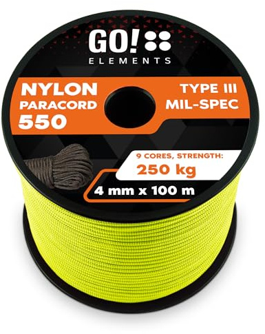 GO!elements Paracord de Nylon Resistente al desgarro 4mm – 550 Tipo III, línea Gruesa Multifuncional Adecuada como Yute, Carga máx. 250kg