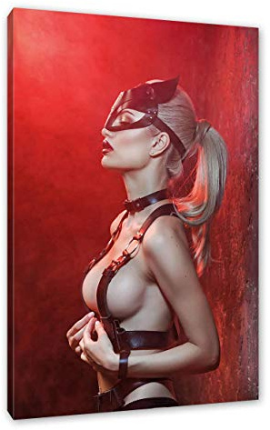 Pixxprint Sexy Blondine in Leder im Rotlicht, Größe: 120x80cm, Leinwandbild, fertig gespannt, Wandbild, Dekoration, Kunstdruck, kein Poster
