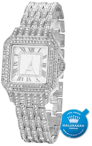 Halukakah Diamanten Gold Uhr,Herren 18K Echtes Gold/Roségold/Platinplattiert Weißgold 33MM Breite Quadratisches Zifferblatt Quarz 20cm mit Kubanischer Kette Halskette Armband,Kostenlose Geschenkbox