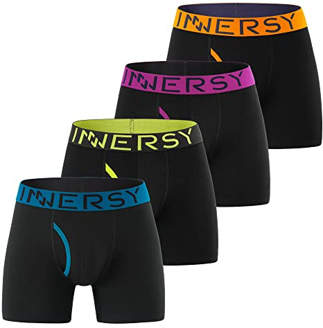 INNERSY Mens Boxers Shorts Multipack Cotton Underpants with Fly Pack of 4 | Soft Breathable Boxer Briefs, Classic Trunks, Stretchy Sports Underwear, Tag-free, 3D Front, Running/Hiking/Gym/Everyday Wear