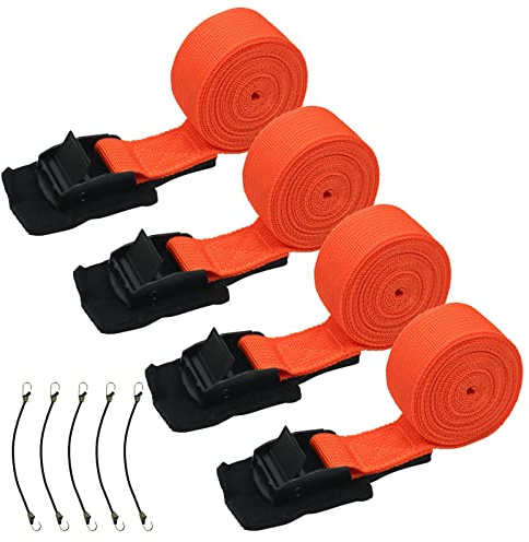 4 Stück Spanngurte 2,5cmx2,5m, Zurrgurte mit Klemmschloss Polsterung, 250Kg Belastbarkeit Befestigungsgurt Set inkl. fünf Spanngummis für Fahrradträger Motorrad Auto (Orange, 2,5cmx2,5m)