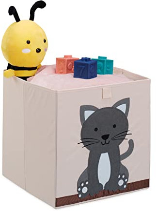 Relaxdays Aufbewahrungsbox Kinder, Katze, HxBxT: 33 x 33 x 33 cm, Stoffbox, faltbar, Spielkiste Kinderzimmer, beige/grau