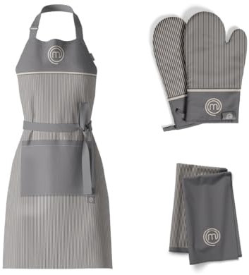 MasterChef Juego de Delantal Cocina, Paños y Guantes de Horno, Juego de 3 Piezas, Diseño a Rayas Grises, Apto para Lavadora, Resistente al Calor