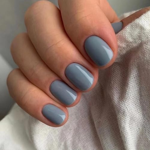 Ceboic 24Pcs French False Nails Short Square Press On - Glossy Light Blue Pure Color Full Cover Stick On Acrylic - Natural Fake Nails for Women and Girls Manicure Art Decorations