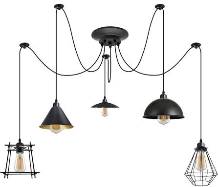 LEDSone 5 Kopf Spinne Pendelleuchte Höhenverstellbar Metall Draht Käfig 60W E27 Halter 110-240V Hängende Licht (mit Birne)