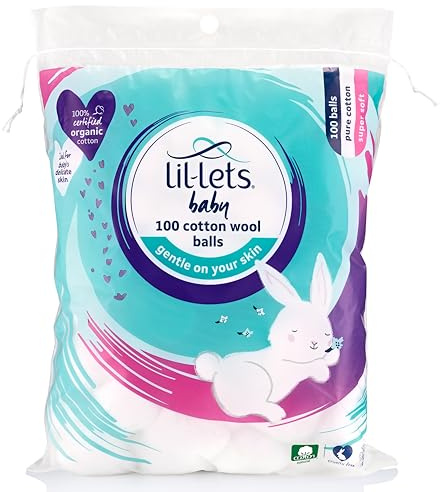 Lil-Lets Lot de 100 pelotes de coton pour bébé, certifiées biologiques, 100% pure laine, super douces, grandes bouffantes, douces pour la peau délicate de bébé, testées dermatologiquement, idéales