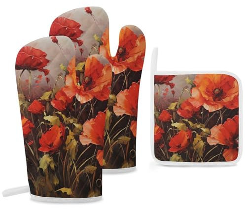 Ofenhandschuhe und Topflappen, hitzebeständig, Ofenhandschuhe und Topflappen, Ölgemälde, rote Blume, Grillhandschuhe, heiße Pads, Kochhandschuhe für Küche, Backen, Grillen, 3-teiliges Set