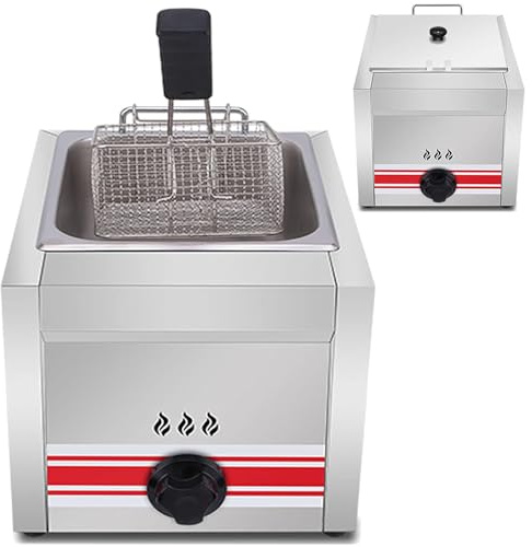 PixCy Friteuse Gaz Professionnelle,Puissance Feu Réglable,Friteuse à Gaz Commerciale en Acier Inoxydable 10l/20l/30l avec Pelle à Panier, Friteuse à Gaz pour Frites Beignets Poisson,10L