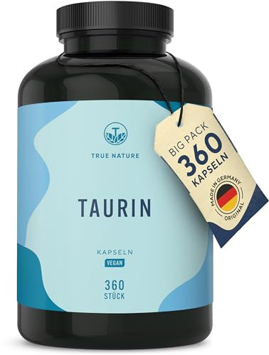 Taurin Kapseln - 2000mg Taurine Tagesdosis hochdosiert - 360 Kapseln: Big Pack - 6 Monatsvorrat - Pre Workout Booster ohne Koffein - Vegan, ohne künstliche Zusätze - Deutsche Produktion - TRUE NATURE