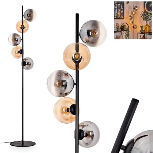 Stehleuchte Gastor, Stehlampe aus Metall/Glas in Schwarz/Rauchfarben/Bernstein/Klar, Leuchte im Retro/Vintage-Design m. Schirmen aus Glas (Ø 15cm) u. Fußschalter, Höhe 160cm, 5x E14, ohne Leuchtmittel