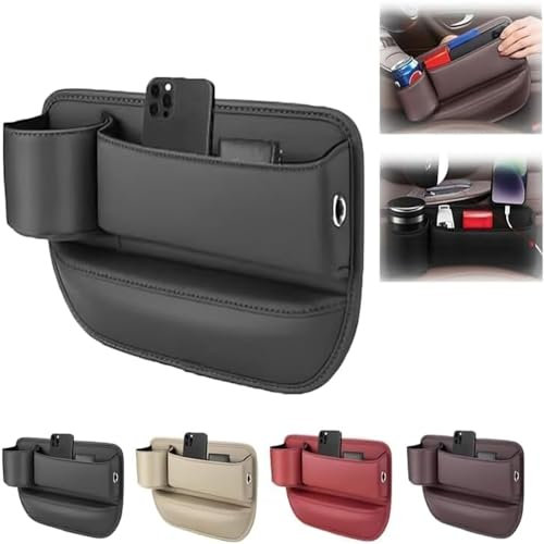 Hysenm Car Leather Cup Holder Gap Bag, Seat Gap Storage Box with Cup Holder Adjustable Car Seat Storage Box Universal Seat Gap Organizer for Phones Keys Glasses and Cards