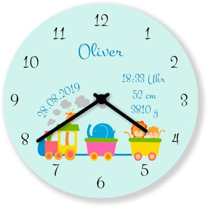 Baby Geburt Wanduhr Eisenbahn Geburtsdaten Tiere ohne Ticken