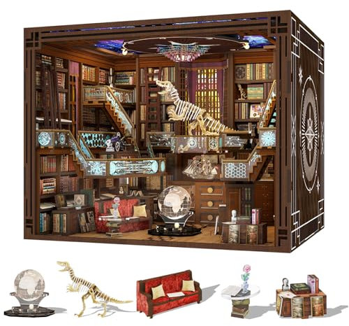 Minicity Book Nook Kit, DIY Miniature Dollhouse Booknook Kit, 3D Wooden Puzzle Bookend Bookshelf Insert Decor with LED Light for Teens and Adults(Beyond Library Max)