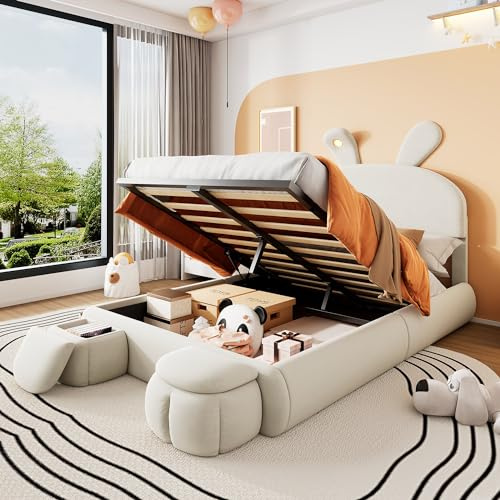 Kinderbett Polsterbett 140x200cm, Doppelbett Hydraulisches Cartoon-Hasenohren-Bett mit Stauraum&Einstellbare-LED, Jugendbett Bettgestell mit Lattenrost, mit zwei Aufbewahrungshockern, Samt, Beige