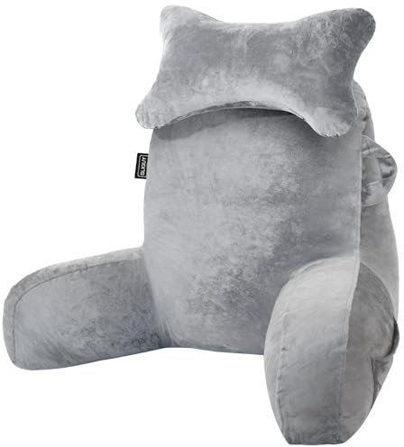 SLIGUY Lesekissen zum Sitzen auf der Bettcouch Erwachsene, Rückenkissen mit Armstütze, Rückenkissen für Erwachsene Bettstuhl für Bettruhe, Lesen, Fernsehen, Gaming Hellgrau