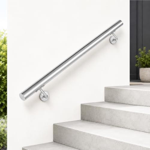 Fiqops Edelstahl Handlauf Treppengeländer 120 cm Ø 42mm Geländer Wandhandlauf Wand Treppe für Außen & Innen, Stabil, Inklusive Wandhalterungen, Montagematerial