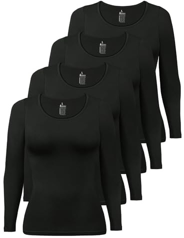 ALPIDEX Maglia Donna Manica Lunga Set da 4 Basic Cotone Elasticizzato Maglia Intima Sottile Girocollo, Taglia:XS, Colore:Nero