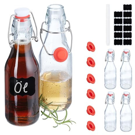 Relaxdays Bügelflaschen zum Befüllen, 6er Set, 250 ml Volumen, für Öl, Essig, Schnaps, Likör, Glasflasche, transparent