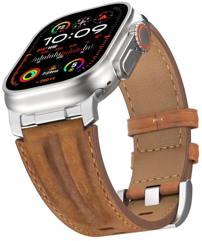 Bouixel Top Grain Genuine Leather Strap Compatible with Apple Watch Ultra 3 Straps 49mm 46mm 45mm 44mm 42mm, Rugged Metal Connector Band for Women Men iWatch Ultra 2/1 Series 11 10 9 8 7 6 5 4 3 SE