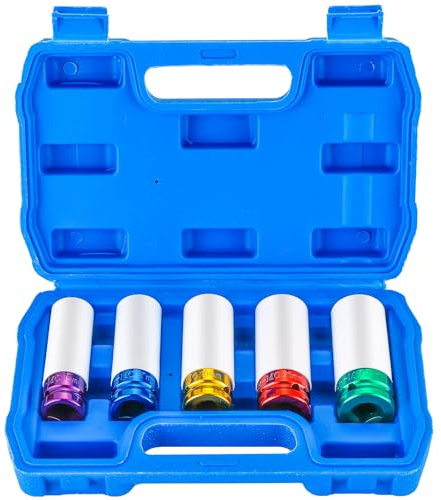 DASBET 5PCS Lug Nut Impact Socket Kit 1/2 Inch Drive Impact Wheel Nut Socket Set Thin Wall Deep Wheel Protector Sockets 6 Point, Metric 15mm, 17mm, 19mm, 21mm, 22mm