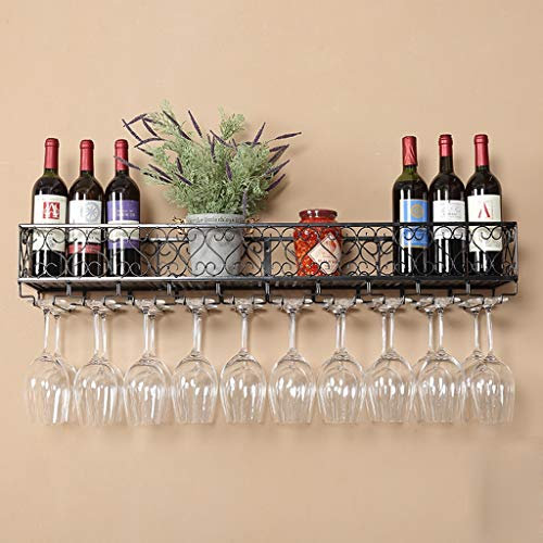 SGKOMN An der Wand montierte Weinregale, rustikaler Wandhalter für Weinflaschen und Gläser, Weinschrank, Küchenbar, schwebende Regale, Wandregal, Aufbewahrungsregal (Black-24×10inch)