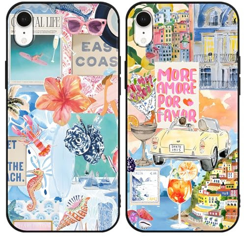 Phoona 2 Pack Cute Case for iPhone XR 6.1, European Collage Preppy Summer Girly Design Pattern for Girls Women, Slim Soft Silicone Shockproof Bumper Protector Cover, Blue 03
