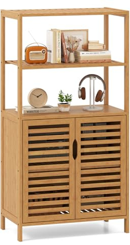 GOPLUS Meuble de Rangement en Bambou, Armoire Rangement de Salle de Bain avec Portes à Persiennes et Étagères Ouvertes, Étagère Intérieur Amovible, 60 x 33 x 115CM, Naturel (60x33x115cm)