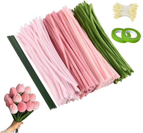 Pfeifenreiniger Blumen Set, 400 Stück Pfeifenputzer zum Basteln mit 20 Stück Grünem Basteldraht, 4 Farben Chenilledraht, Schleifenband & Blumen Staubblatt für DIY Blumenstrauß