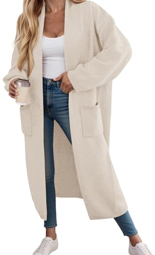 Fisoew Strickjacke Damen Lang Cardigan Langarm Oversized Strickmantel Open Front Sweater Jacke mit Taschen,Aprikose,L