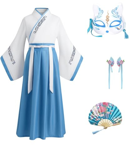 CRFASIBE Hanfu Barn Traditionell Kinesisk Klänning För Flickor, Mulan Disguisces Kinesisk Antik Cosplay Maskeraddräkt, Hårbrosch, Fläkt, Ljusblå, 38