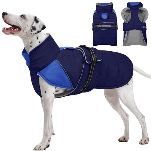 Lelepet Warmer Hundemantel Große Hunde, Winter Hundejacke Wasserdicht Reflektierend Schneeanzug für Hunde, Winddichte Hundebekleidung mit Klettverschluss Hundepullover Fleecemantel (Blau, XL)