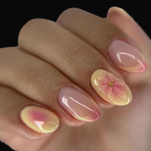 Auriselle 24 Pièces Faux Ongles Court Amande à Coller, Press on Nail Jaunes Avec Pointe FrançAise, Ongles Fleuris 3D Réutilisable Ongles Français, Cadeau d'Anniversaire pour Femmes et Filles